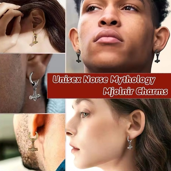 Black Gun Metal Gold Mjolnir Thor’s Hammer Viking Runes Unisex Hoop Earrings - Picture 7 of 7